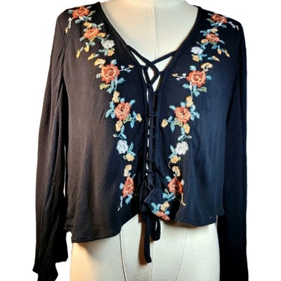 American Eagle Outfitters Floral Top Black Crop Lace-Up Size XS Whimsigoth 