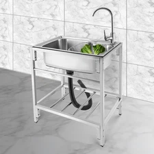Stainless Steel Single Basin Kitchen Sink Home Laundry Sink with Faucet & Stand