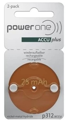 Power One ACCU Plus Size 312 Rechargeable Hearing 2 Count (Pack of 1), Brown 
