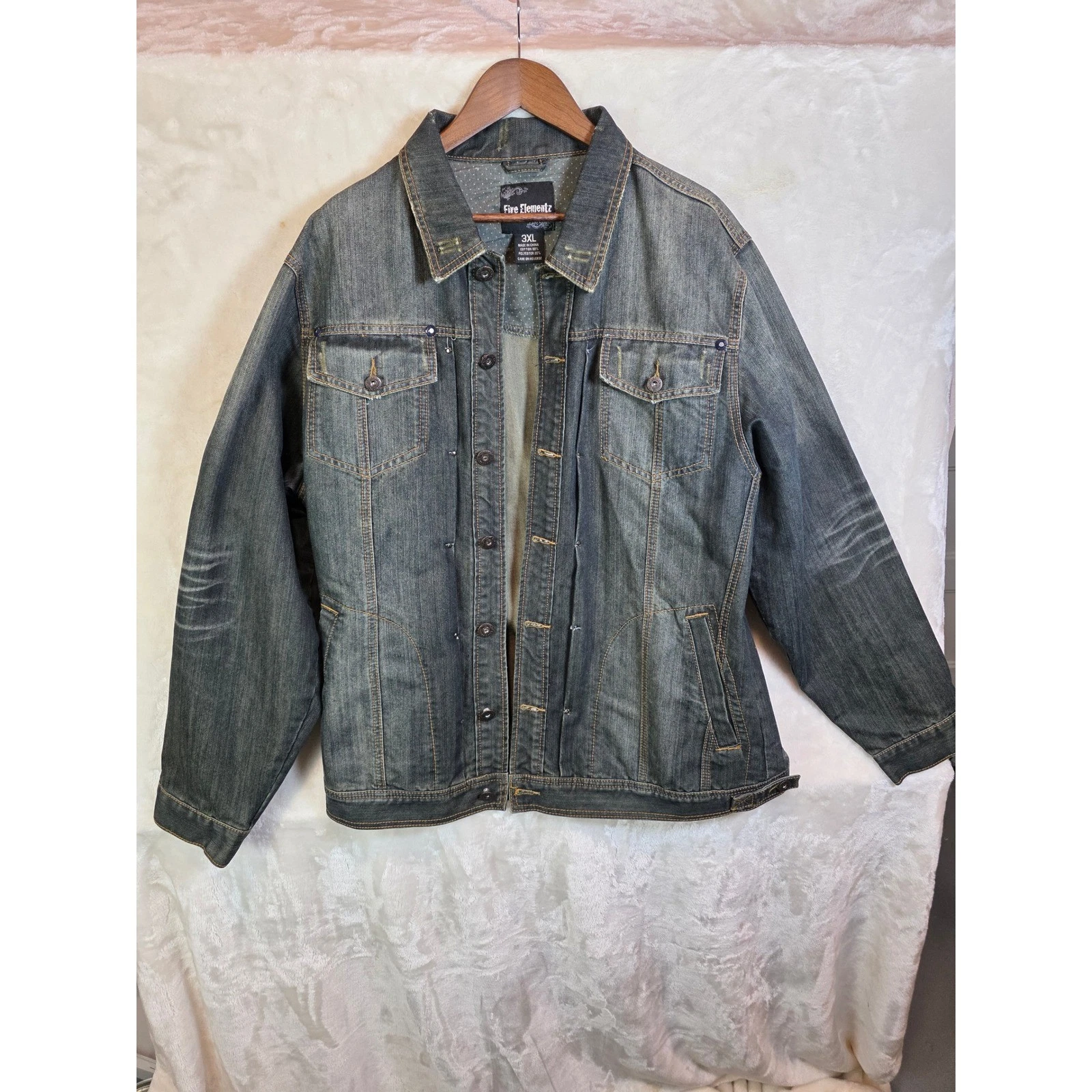 Five Elementz Mens 3XL Dark Wash Denim Trucker Jacket Whiskered Faded Blue Jean