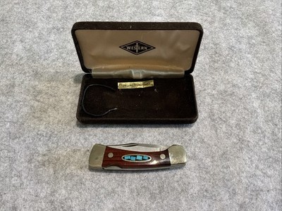 Western USA 513 Wood/Turquoise Lock Back Pocket Knife Mint In Box