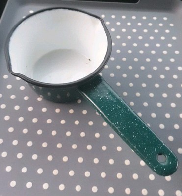 Vintage Landhausstil grün weiß Flecken schwarz Emaille Milchpfanne Henkeltopf 