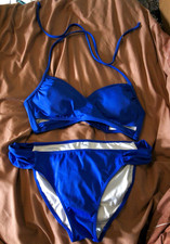 PINK Victoria's Secret Blue Solid 2-Piece Bikini Set Halter Padded, Size M