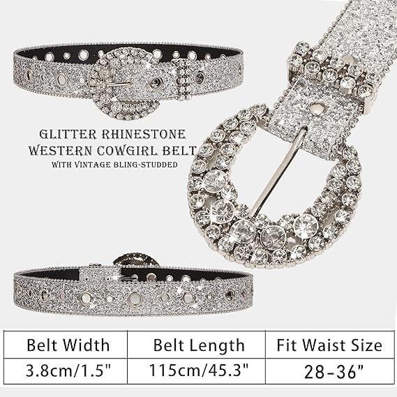 Mealah Womens Rhinestone Western-Belt Bling-Cowboy-Belt - Sparkly-Diamond Buc...