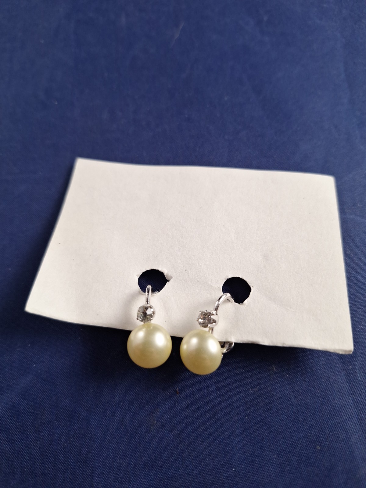 Vtg Crown Trifari Faux Pearl Rhinestone Clip Earrings Pair *3-A