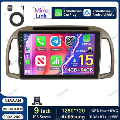 9'' Autoradio Android 15 4+64GB GPS SWC Kamera Für NISSAN MICRA III K12 2002-2009