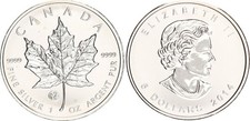Canada 5 Dollari 2014 Maple Leaf 1oz Argento Privy Mark F15 St, Macchie 135370