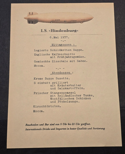 LS HINDENBURG ZEPPELIN DISASTER FINAL FLIGHT MENU May 6 1937 WW2 German Document