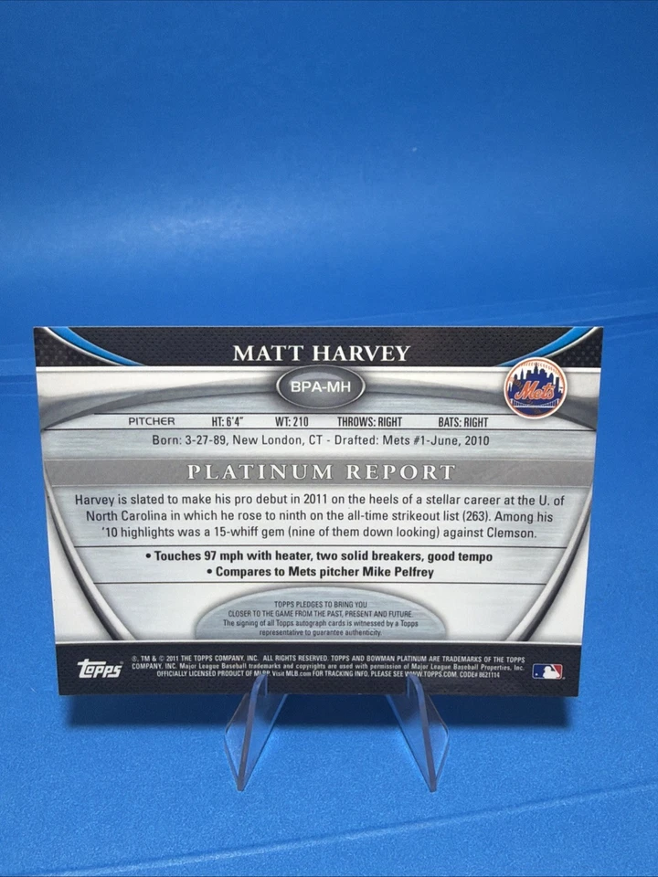 2011 年 Bowman Platinum Matt Harvey #BPA-MH 绿色折射器 /399 (AU,RC) — 第 2/2 张图片