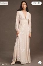 BHLDN Belize Embroidered A-Line Long-Sleeve V-Neck Gown (size 16)