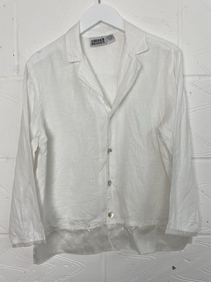 Vintage 80er Jahre Chico's Design weißes Leinen Blusenhemd Gr. S/M Organzabesatz