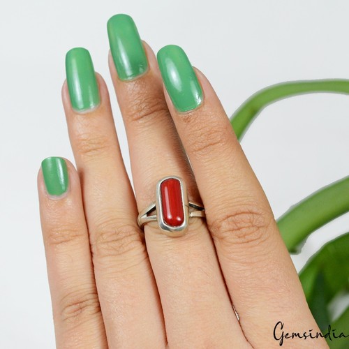 Anillo Rojo Taiwán Coral Plata Esterlina 925 Cabina Piedra Munga Anillo Unisex Talla 6 EE. UU. - Imagen 4 de 7
