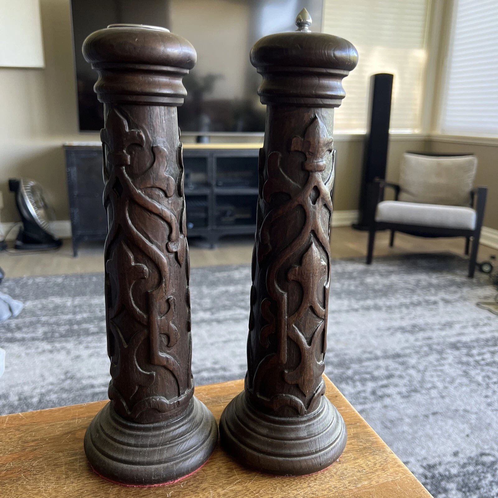 Vintage Carved Wood Salt And Pepper Mill Grinders handmade dark wood