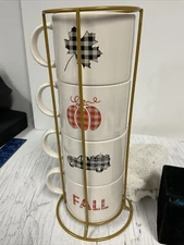 Plaid Fall Stacking Coffee Soup Mugs in Wire Rack 14.2oz Stoneware 4 Cups