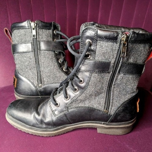 UGG Waterproof Combat Boots Black Leather & Grey Wool Winter Lace-up Side Zip