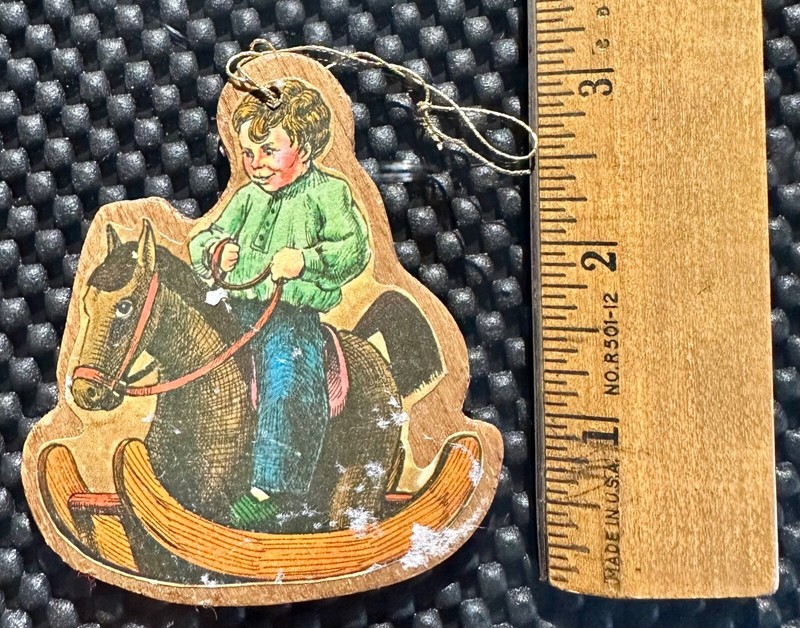 Vintage Christmas Ornament - Child on Rocking Horse - Wood