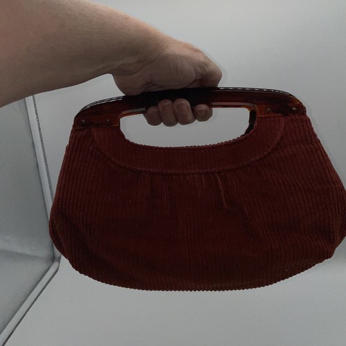 Vintage Fall Rust Brown Slouchy Clutch Purse Corduroy Boho Retro Faux Tortoise - Picture 4 of 11