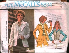 5634 Vintage McCalls SEWING Pattern Misses 1970s Unlined Blazer Vest Waistcoat