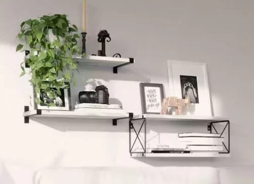 WOPITUES 4 White Wood Floating Shelves Wall Mounted - Bathroom Plants Books