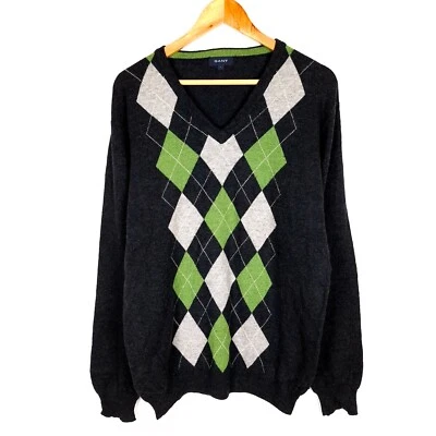 Pull homme GANT taille L col V maille serrée laine gris Argyle - Photo 1/4