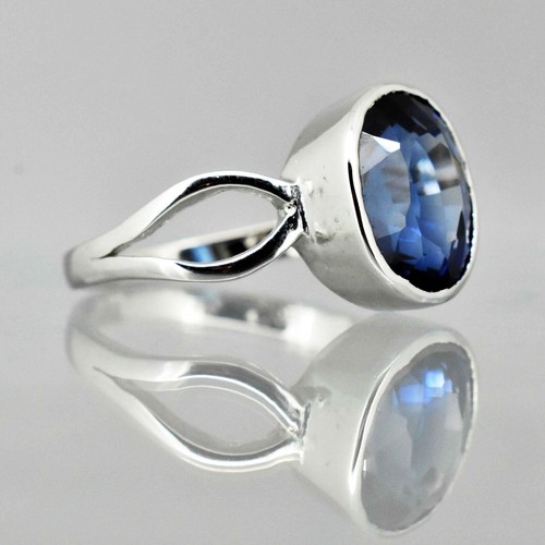 Bague Réglable En Argent Massif 925 Avec Beryl Saphir Naturel Bleu - Dimensions 20x15 Mm, 14 Carats, Création Française