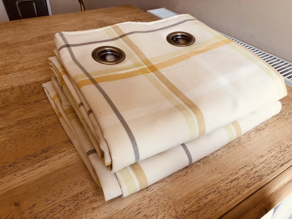 NEXT home yellow Eyelet Curtains check width 53"each panel by 72" drop - Image 2 of 4