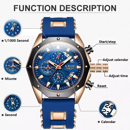 LIGE Men Watch Quartz Analog Luminous Calendar 3ATM Waterproof Sport Wristwatch - Picture 8 of 10