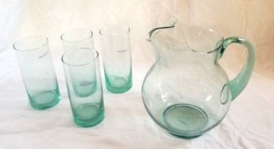 VTG Crown Corning Clear Green Glass Pitcher w Ice Guard & 4 Tumblers MCM Set