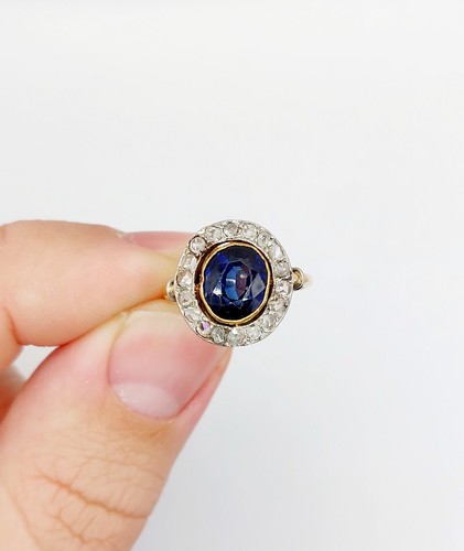 Anillo Pompadour Oro 18k Zafiro Sintético Diamante Talla Rosa (1900) - Imagen 11 de 12