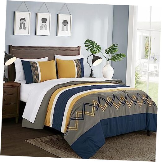 Jaxson Bed in a Bag Size 7-Piece Comforter Queen Navy/Gray/Yellow/White Zigzag