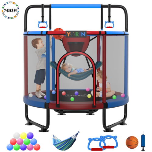 Kids 60'' Toddler Mini Trampoline with Enclosure Net Basketball Hoop 5FT Indoor