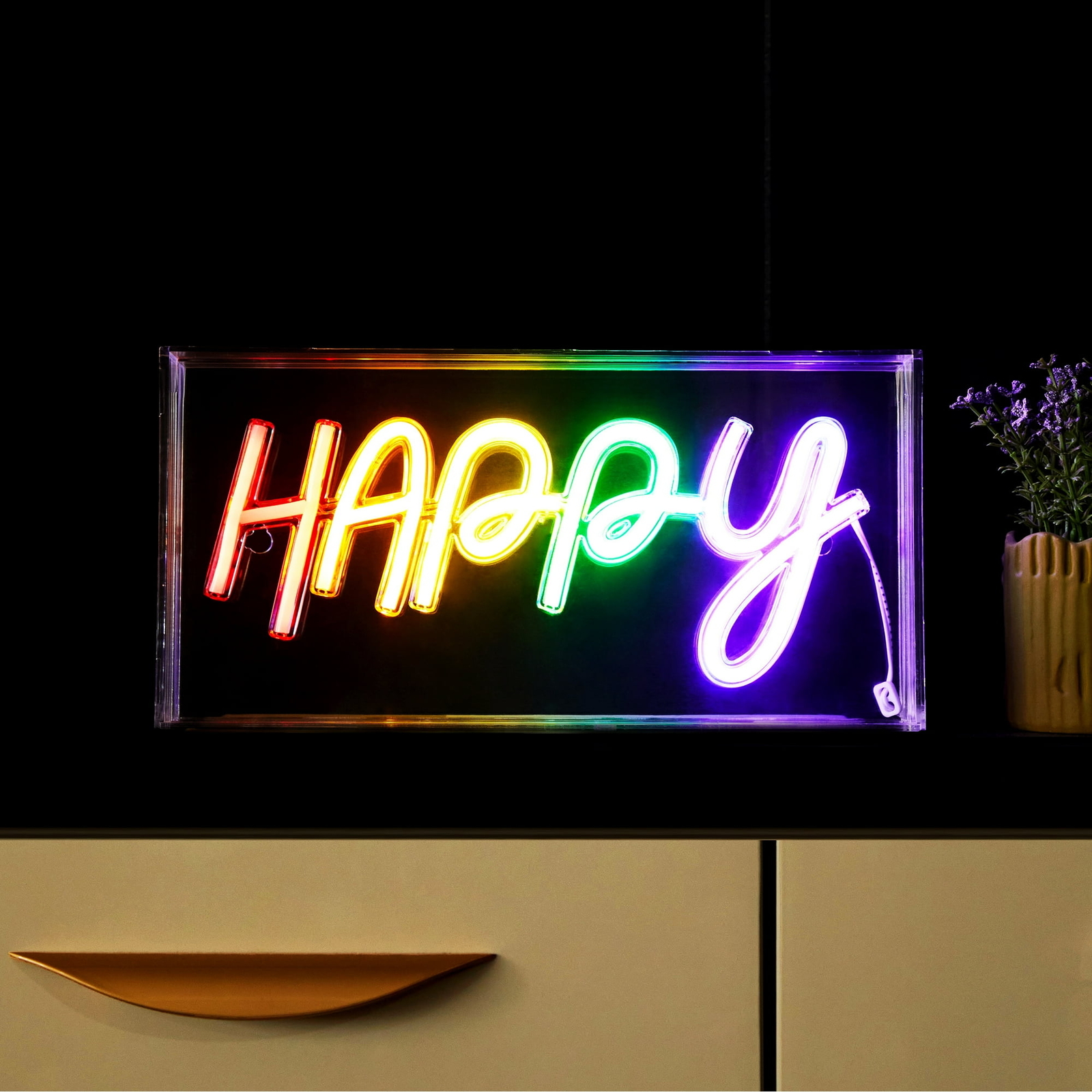 Urban Shop LED Neon Rainbow Happy Light-Up Acrylic Display Box
