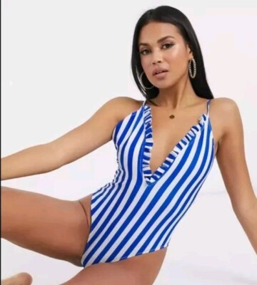 Missguided frill detail swimsuit in stripe print Size 10 NWT