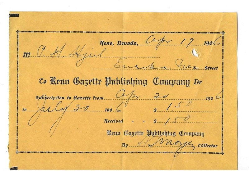 Reno Gazette Publishing Co. - 1906 Subscription Form - Reno, Nevada