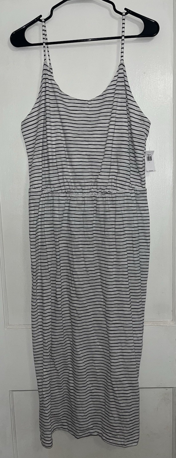 Striped Sleeveless Tank Maxi Dress White Black Scoop Neck Pullover L Cotton