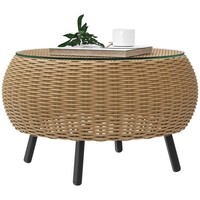 Beistelltisch Aus Polyrattan Runder Kaffeetisch Couchtisch Mit Glas Tischplatte