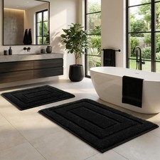 2 PCS Bathroom Rugs Sets Super Soft Microfiber Bath Mats Non Slip Black