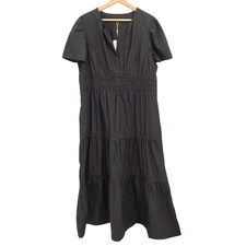 Quince 100% Organic Cotton Poplin Tiered Maxi Dress Black Basic Sleeved XL