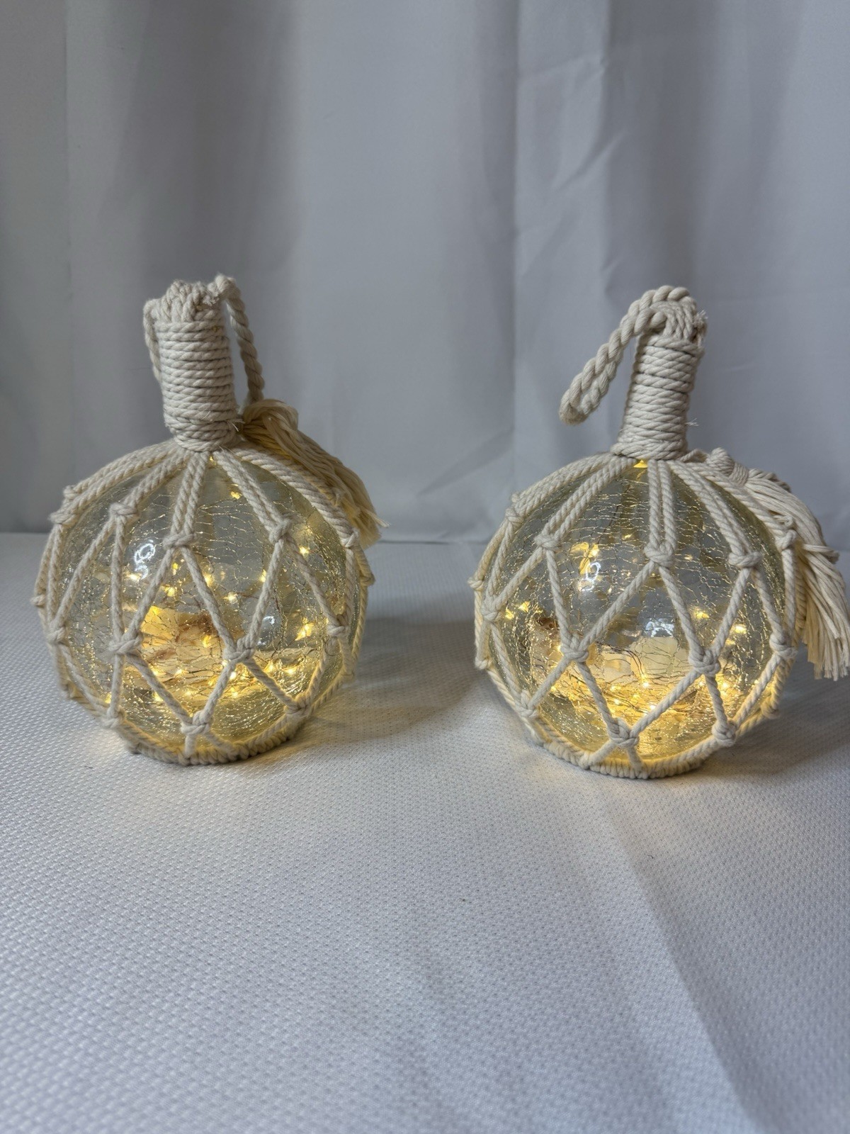 Set of 2 Nautical Glass Rope Lanterns w/ LED Lights – Beach Coastal Decor
