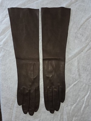 Vintage Women s Long/Opera Brown Leather Gloves Size 6.5 Solid Classic Formal