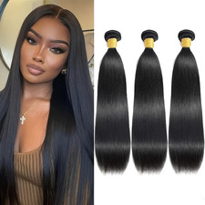 3 BUNDLES BRAZILIAN VIRGIN REMY HUMAN HAIR   NATURAL BLACK STRAIGHT 16 16 16"