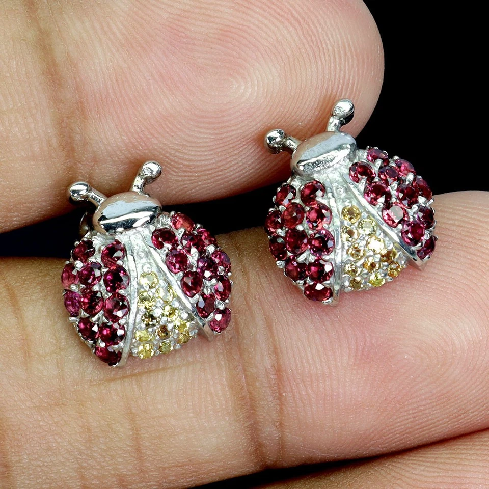 Pendientes de plata de ley 925 redondos de zafiro rodolita piedras preciosas naturales Ladybug Foto 2 de 4