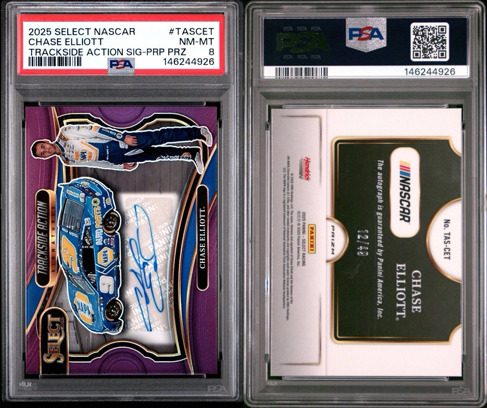Chase Elliott 2025 Panini Select Trackside Action Signatures Purple /49 - PSA 8 view 3