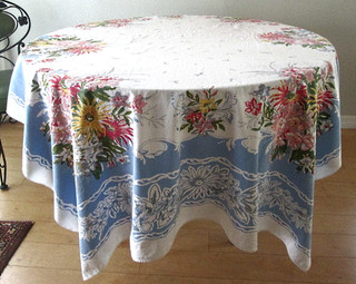 Vintage blue white floral tablecloth 6 bouquets of wild flowers fancy borders