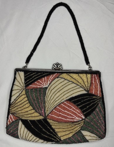 Vintage Art Deco Style Beaded Clutch Purse Gemstone Clasp Mirror Inside Satin - Picture 2 of 19
