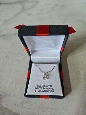 Lab Created White Sapphire Square Pendant Necklace  Sterling Silver 18  NWT