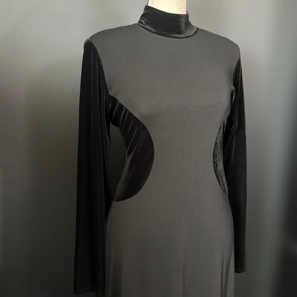 Maxi Vestido Vintage Años 90 Liz Claiborne Terciopelo Negro Cuello Simulado Elegante Bruja Vampiro M Foto 2 de 4