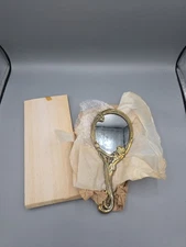 Vtg Ornate Art Nouveau Handheld Vanity Mirror Metal Brass Lady Nude Handle 9"