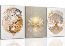 Framed Tree of Life Canvas Wall Art Set of 3 Zen Gold Lotus Yin Yang Painting...