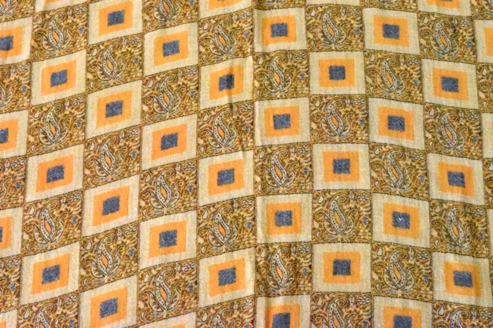 Vintage Scarf 60s Ultra Soft Cotton Rayon Gold Blue Paisley Checkerboard 64X26In - Image 3 of 4